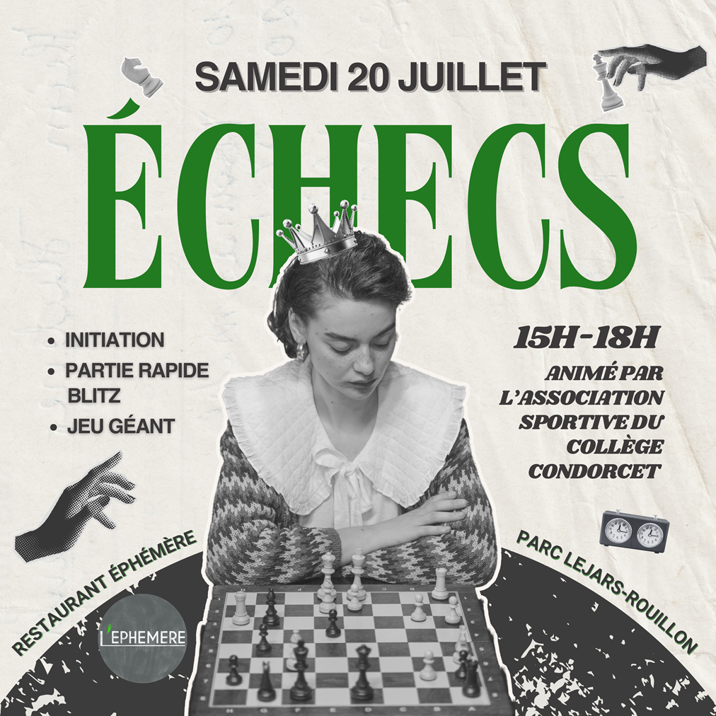 Animation d&rsquo;échecs le samedi 20/07/2024 au Restaurant Ephémère de Dourdan, Parc Lejars Roussillon